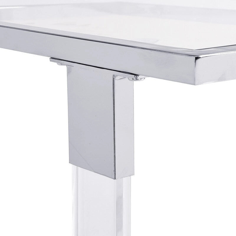 Table d'appoint contemporaine en forme de C Grondin avec plateau en verre trempé, structure en acier et acrylique, roulettes verrouillables