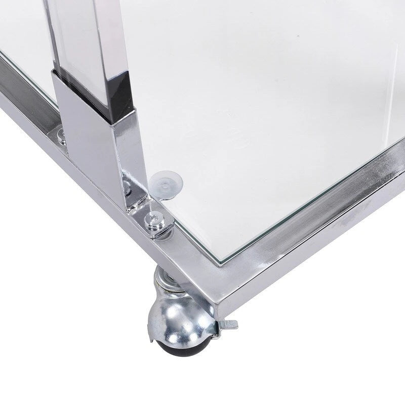 Table d'appoint contemporaine en forme de C Grondin avec plateau en verre trempé, structure en acier et acrylique, roulettes verrouillables