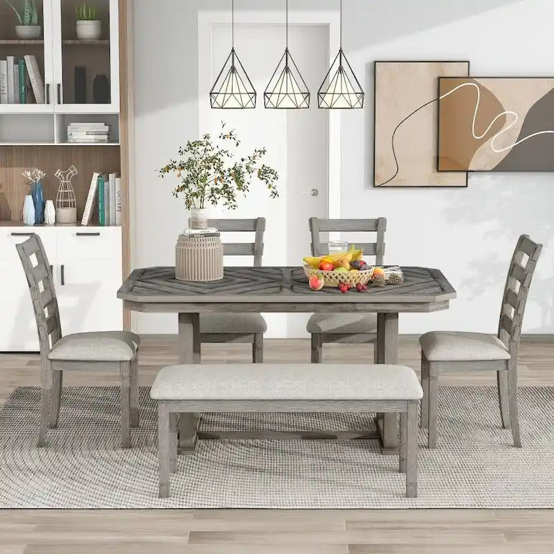 Ensemble de salle à manger 6 pièces en bois d'hévéa avec plateau de table au beau motif de grain de bois