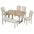 Ensemble de salle à manger 6 pièces en bois d'hévéa avec plateau de table au beau motif de grain de bois