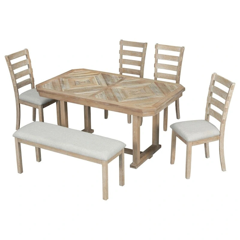 Ensemble de salle à manger 6 pièces en bois d'hévéa avec plateau de table au beau motif de grain de bois