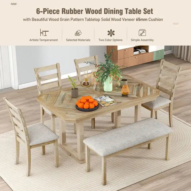 Ensemble de salle à manger 6 pièces en bois d'hévéa avec plateau de table au beau motif de grain de bois