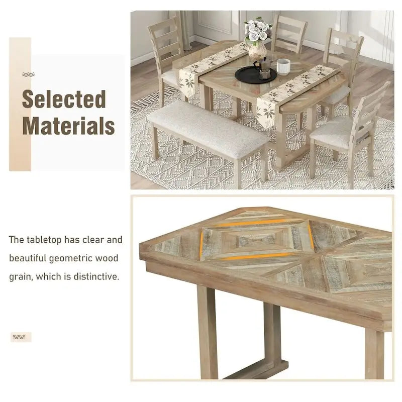 Ensemble de salle à manger 6 pièces en bois d'hévéa avec plateau de table au beau motif de grain de bois