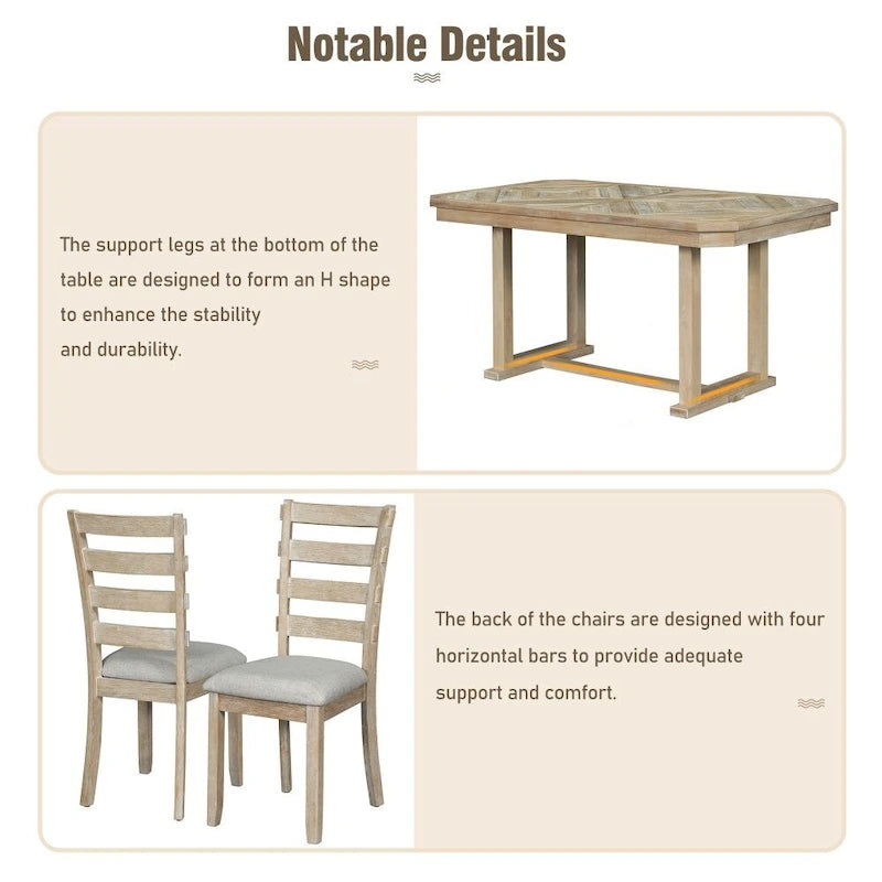Ensemble de salle à manger 6 pièces en bois d'hévéa avec plateau de table au beau motif de grain de bois