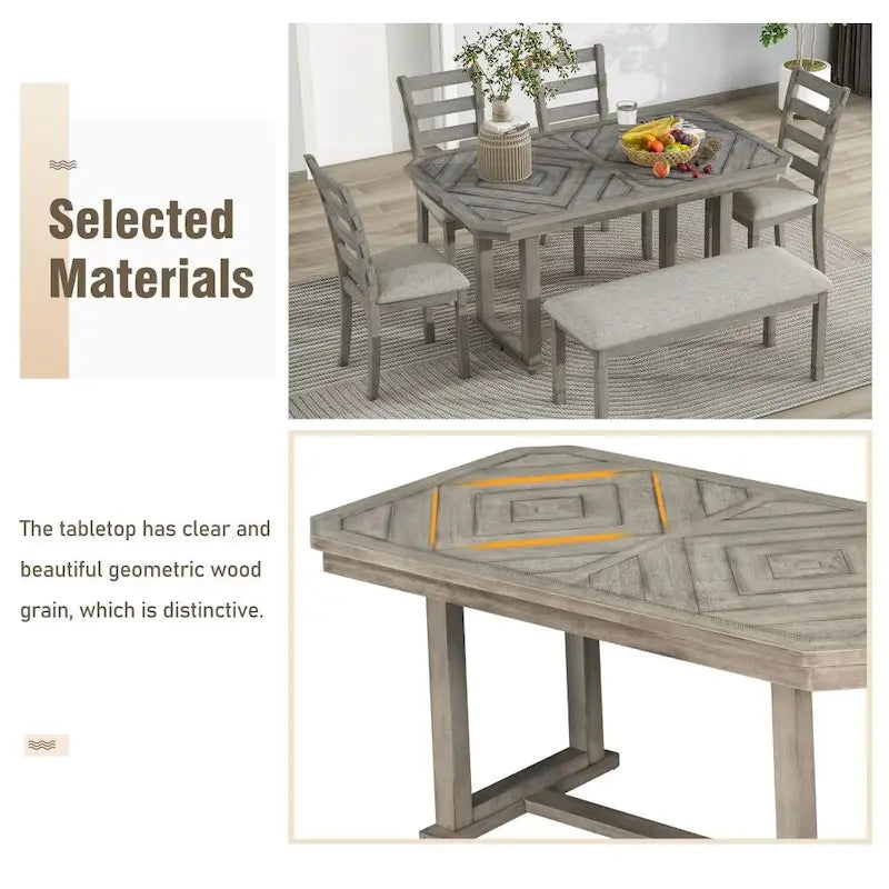 Ensemble de salle à manger 6 pièces en bois d'hévéa avec plateau de table au beau motif de grain de bois