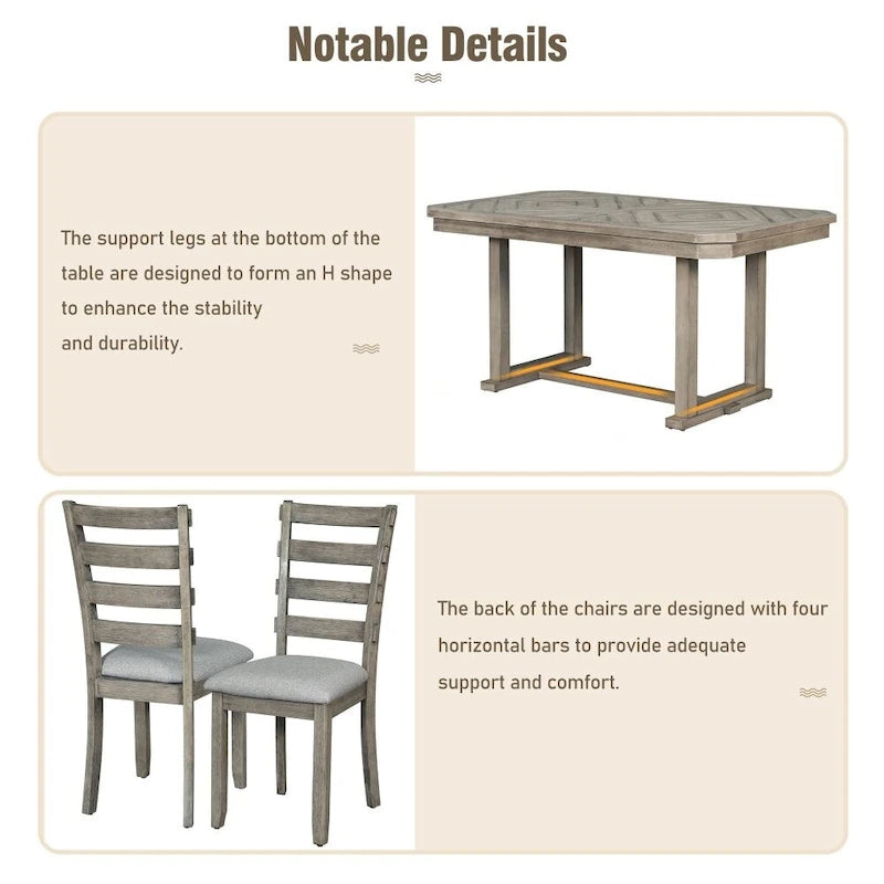Ensemble de salle à manger 6 pièces en bois d'hévéa avec plateau de table au beau motif de grain de bois