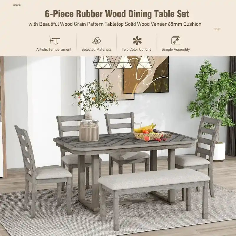Ensemble de salle à manger 6 pièces en bois d'hévéa avec plateau de table au beau motif de grain de bois