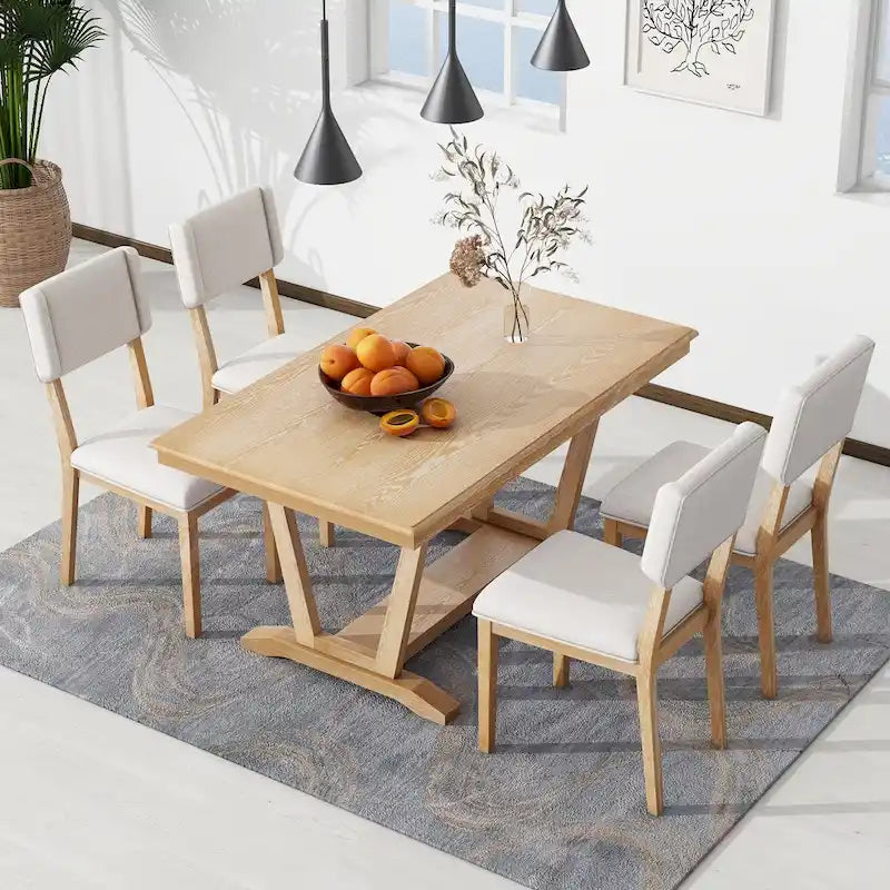 Ensemble de salle à manger rustique 5 pièces - Table en bois massif avec piètement en tréteaux, table à manger rectangulaire de 150 cm et 4 chaises rembourrées
