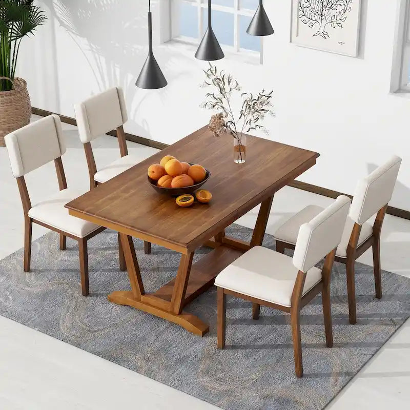 Ensemble de salle à manger rustique 5 pièces - Table en bois massif avec piètement en tréteaux, table à manger rectangulaire de 150 cm et 4 chaises rembourrées