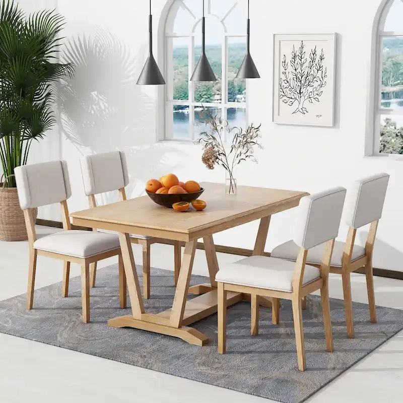 Ensemble de salle à manger rustique 5 pièces - Table en bois massif avec piètement en tréteaux, table à manger rectangulaire de 150 cm et 4 chaises rembourrées