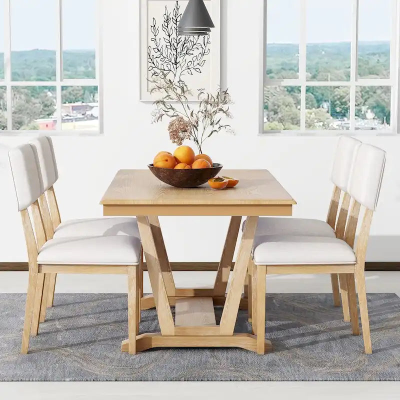 Ensemble de salle à manger rustique 5 pièces - Table en bois massif avec piètement en tréteaux, table à manger rectangulaire de 150 cm et 4 chaises rembourrées