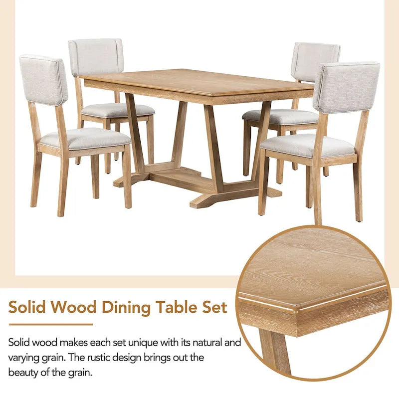 Ensemble de salle à manger rustique 5 pièces - Table en bois massif avec piètement en tréteaux, table à manger rectangulaire de 150 cm et 4 chaises rembourrées