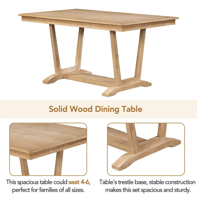 Ensemble de salle à manger rustique 5 pièces - Table en bois massif avec piètement en tréteaux, table à manger rectangulaire de 150 cm et 4 chaises rembourrées