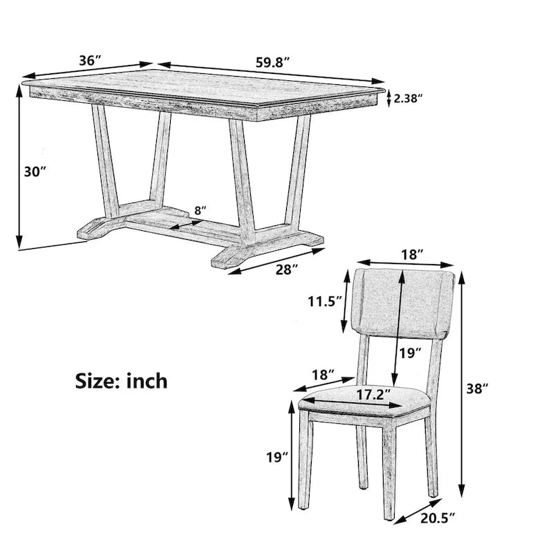 Ensemble de salle à manger rustique 5 pièces - Table en bois massif avec piètement en tréteaux, table à manger rectangulaire de 150 cm et 4 chaises rembourrées