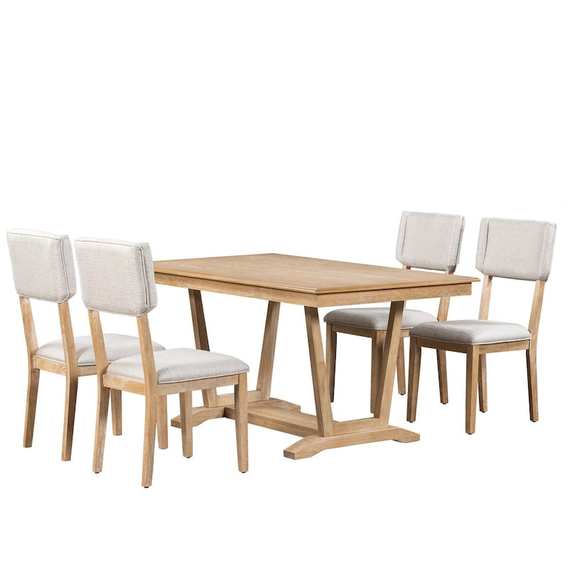 Ensemble de salle à manger rustique 5 pièces - Table en bois massif avec piètement en tréteaux, table à manger rectangulaire de 150 cm et 4 chaises rembourrées