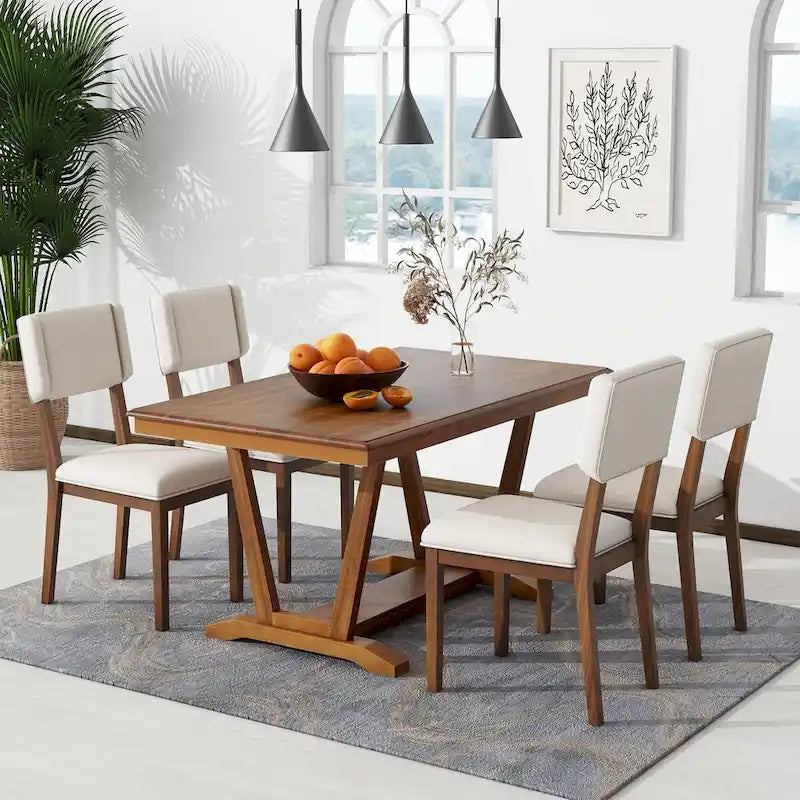 Ensemble de salle à manger rustique 5 pièces - Table en bois massif avec piètement en tréteaux, table à manger rectangulaire de 150 cm et 4 chaises rembourrées