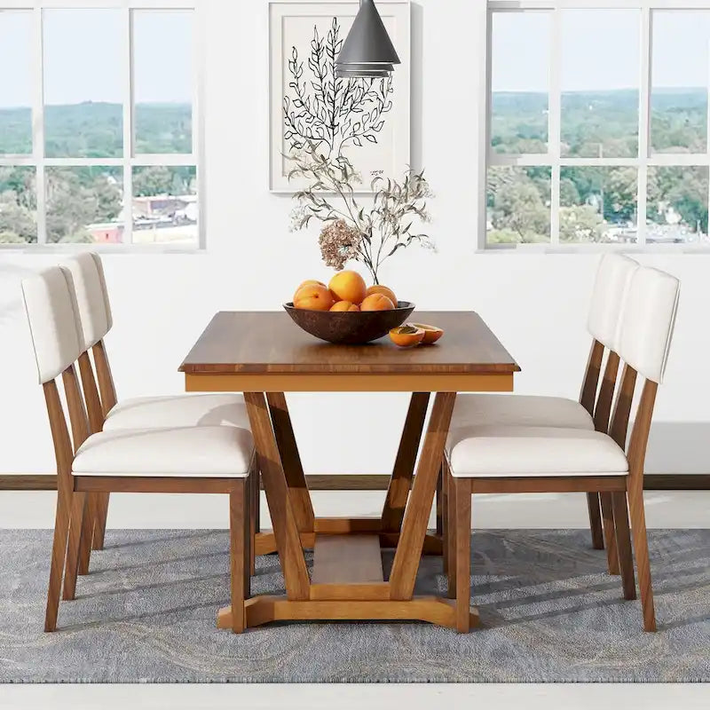 Ensemble de salle à manger rustique 5 pièces - Table en bois massif avec piètement en tréteaux, table à manger rectangulaire de 150 cm et 4 chaises rembourrées