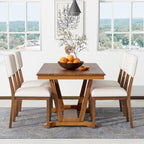 Ensemble de salle à manger rustique 5 pièces - Table en bois massif avec piètement en tréteaux, table à manger rectangulaire de 150 cm et 4 chaises rembourrées