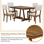 Ensemble de salle à manger rustique 5 pièces - Table en bois massif avec piètement en tréteaux, table à manger rectangulaire de 150 cm et 4 chaises rembourrées