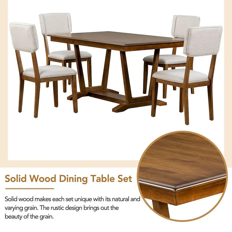 Ensemble de salle à manger rustique 5 pièces - Table en bois massif avec piètement en tréteaux, table à manger rectangulaire de 150 cm et 4 chaises rembourrées