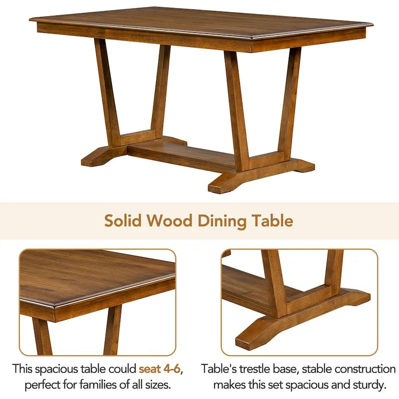 Ensemble de salle à manger rustique 5 pièces - Table en bois massif avec piètement en tréteaux, table à manger rectangulaire de 150 cm et 4 chaises rembourrées
