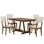 Ensemble de salle à manger rustique 5 pièces - Table en bois massif avec piètement en tréteaux, table à manger rectangulaire de 150 cm et 4 chaises rembourrées