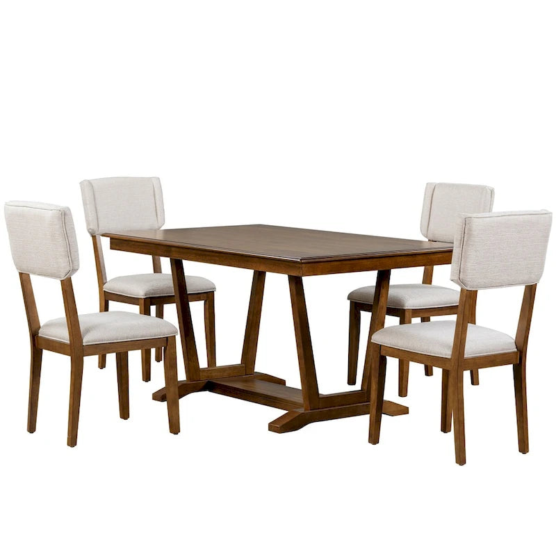 Ensemble de salle à manger rustique 5 pièces - Table en bois massif avec piètement en tréteaux, table à manger rectangulaire de 150 cm et 4 chaises rembourrées