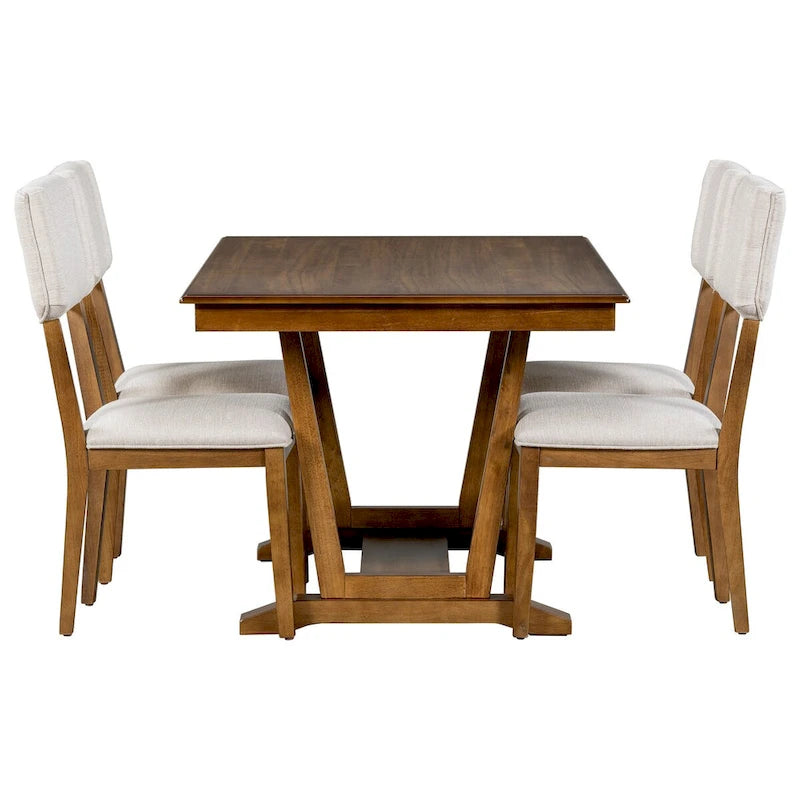 Ensemble de salle à manger rustique 5 pièces - Table en bois massif avec piètement en tréteaux, table à manger rectangulaire de 150 cm et 4 chaises rembourrées