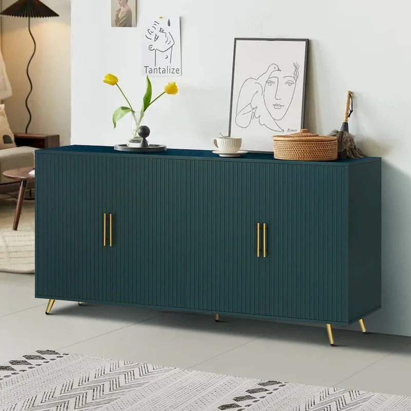 Buffet 4 portes blanc et bleu marine, assemblage 1 personne
