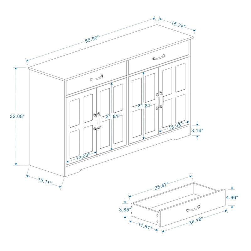 Buffet de ferme blanc avec 2 tiroirs et 4 portes