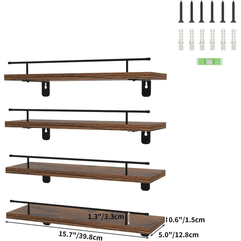 Ensemble de 4 étagères murales flottantes, étagères murales de rangement suspendues avec garde-corps en métal