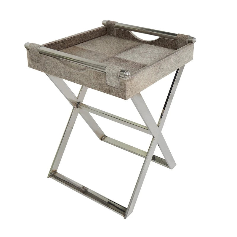 Table d'appoint en cuir pleine fleur gris avec pieds argentés en diagonale, 1-2 personnes
