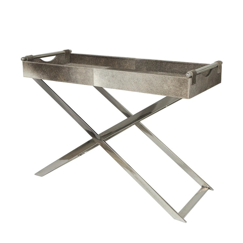 Table d'appoint en cuir pleine fleur gris avec pieds argentés en diagonale, 1-2 personnes