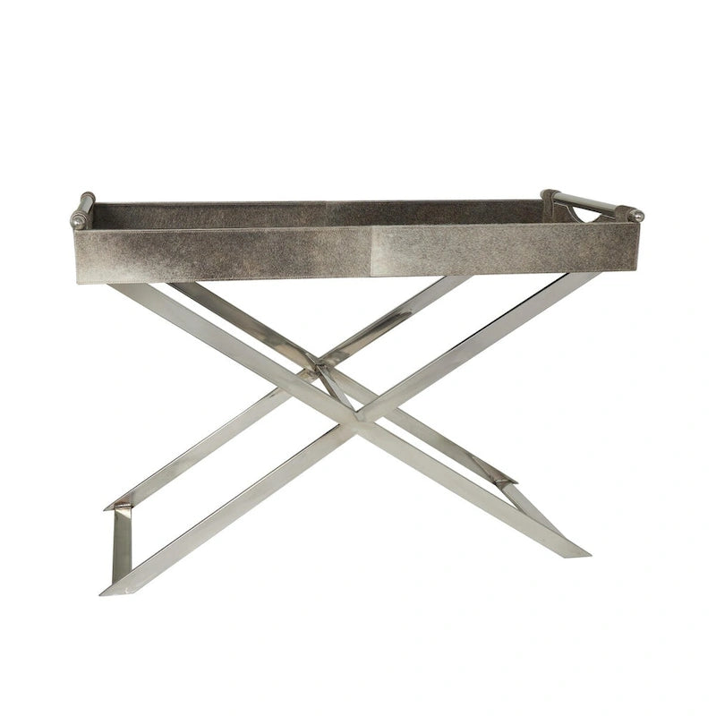 Table d'appoint en cuir pleine fleur gris avec pieds argentés en diagonale, 1-2 personnes