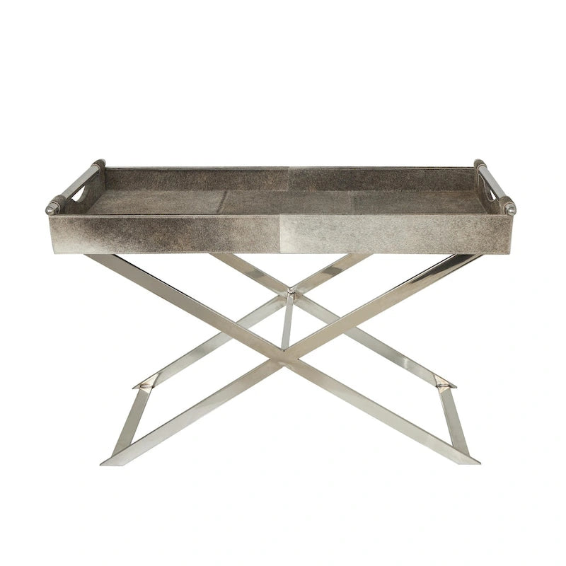 Table d'appoint en cuir pleine fleur gris avec pieds argentés en diagonale, 1-2 personnes