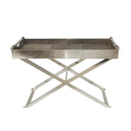 Table d'appoint en cuir pleine fleur gris avec pieds argentés en diagonale, 1-2 personnes