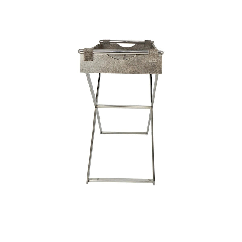 Table d'appoint en cuir pleine fleur gris avec pieds argentés en diagonale, 1-2 personnes