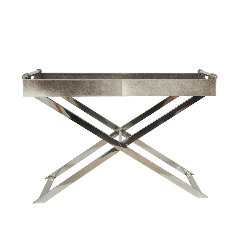 Table d'appoint en cuir pleine fleur gris avec pieds argentés en diagonale, 1-2 personnes