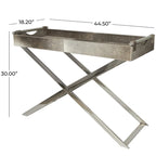 Table d'appoint en cuir pleine fleur gris avec pieds argentés en diagonale, 1-2 personnes