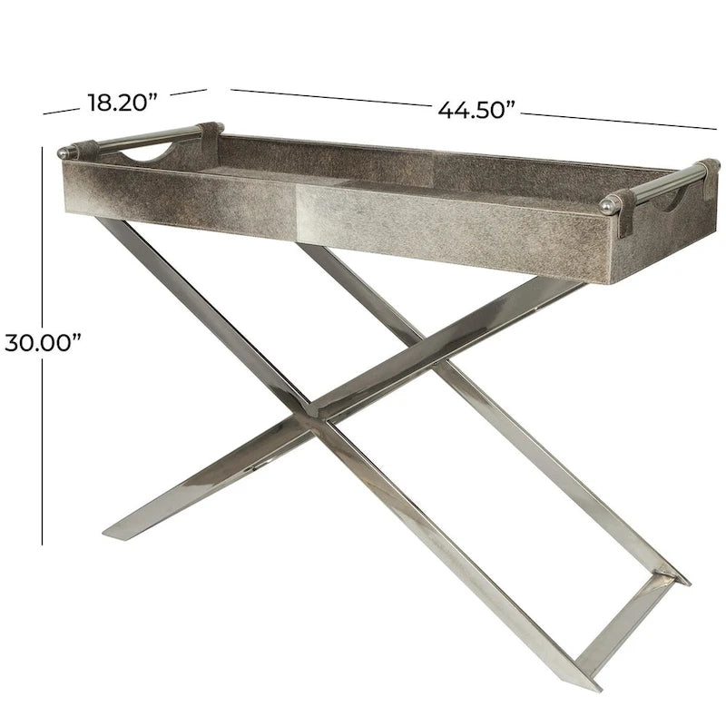 Table d'appoint en cuir pleine fleur gris avec pieds argentés en diagonale, 1-2 personnes