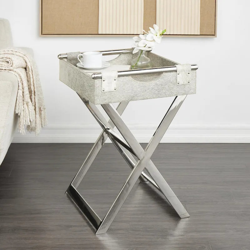 Table d'appoint en cuir pleine fleur gris avec pieds argentés en diagonale, 1-2 personnes