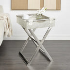 Table d'appoint en cuir pleine fleur gris avec pieds argentés en diagonale, 1-2 personnes