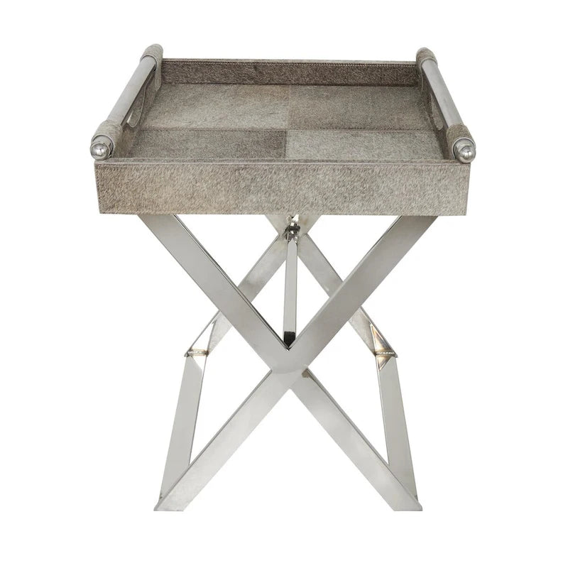 Table d'appoint en cuir pleine fleur gris avec pieds argentés en diagonale, 1-2 personnes