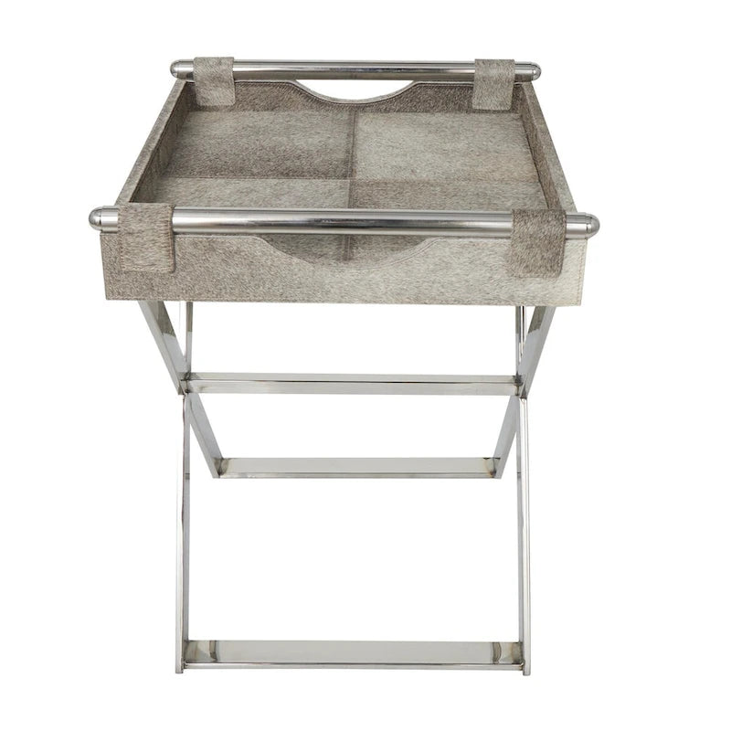 Table d'appoint en cuir pleine fleur gris avec pieds argentés en diagonale, 1-2 personnes