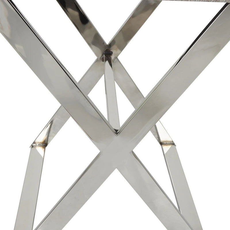 Table d'appoint en cuir pleine fleur gris avec pieds argentés en diagonale, 1-2 personnes