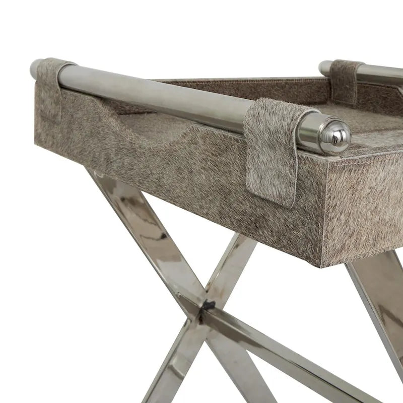 Table d'appoint en cuir pleine fleur gris avec pieds argentés en diagonale, 1-2 personnes