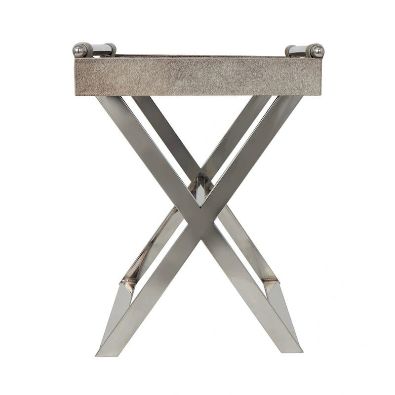 Table d'appoint en cuir pleine fleur gris avec pieds argentés en diagonale, 1-2 personnes