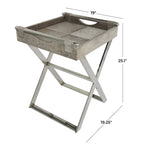Table d'appoint en cuir pleine fleur gris avec pieds argentés en diagonale, 1-2 personnes