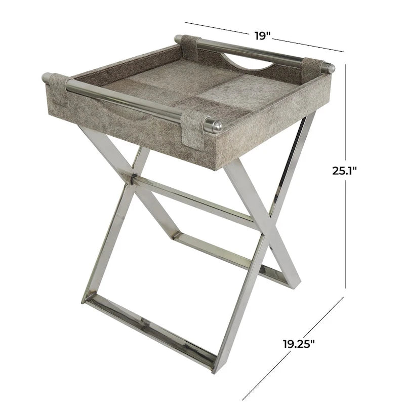 Table d'appoint en cuir pleine fleur gris avec pieds argentés en diagonale, 1-2 personnes